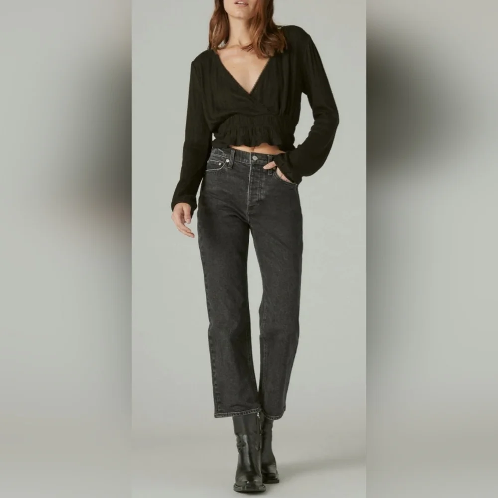 Lucky Brand Pointelle-Trim Surplice Top Jet Black XL New - Picture 6 of 10